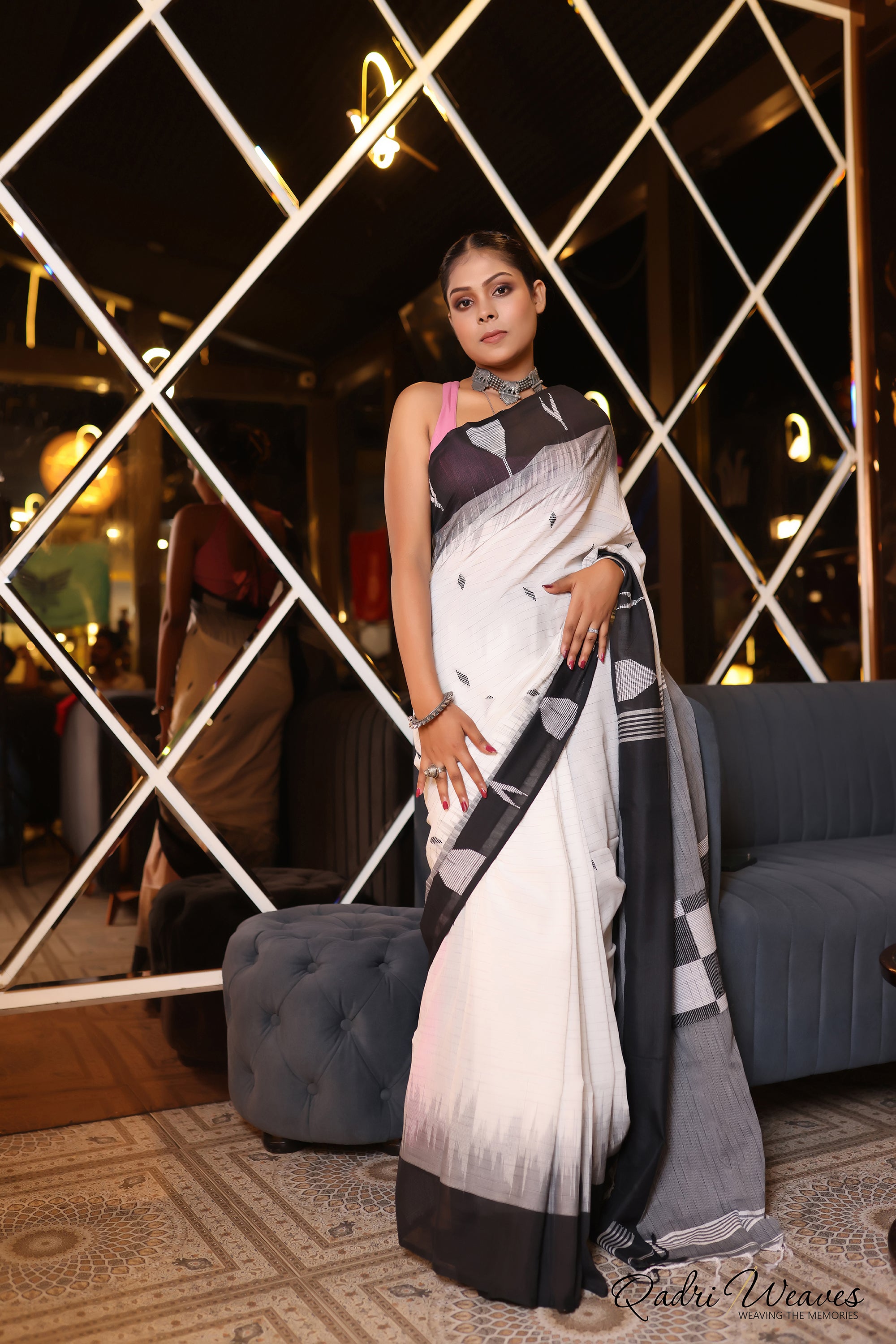 Handloom White and Grey Premium Cotton Box Design IKat Saree