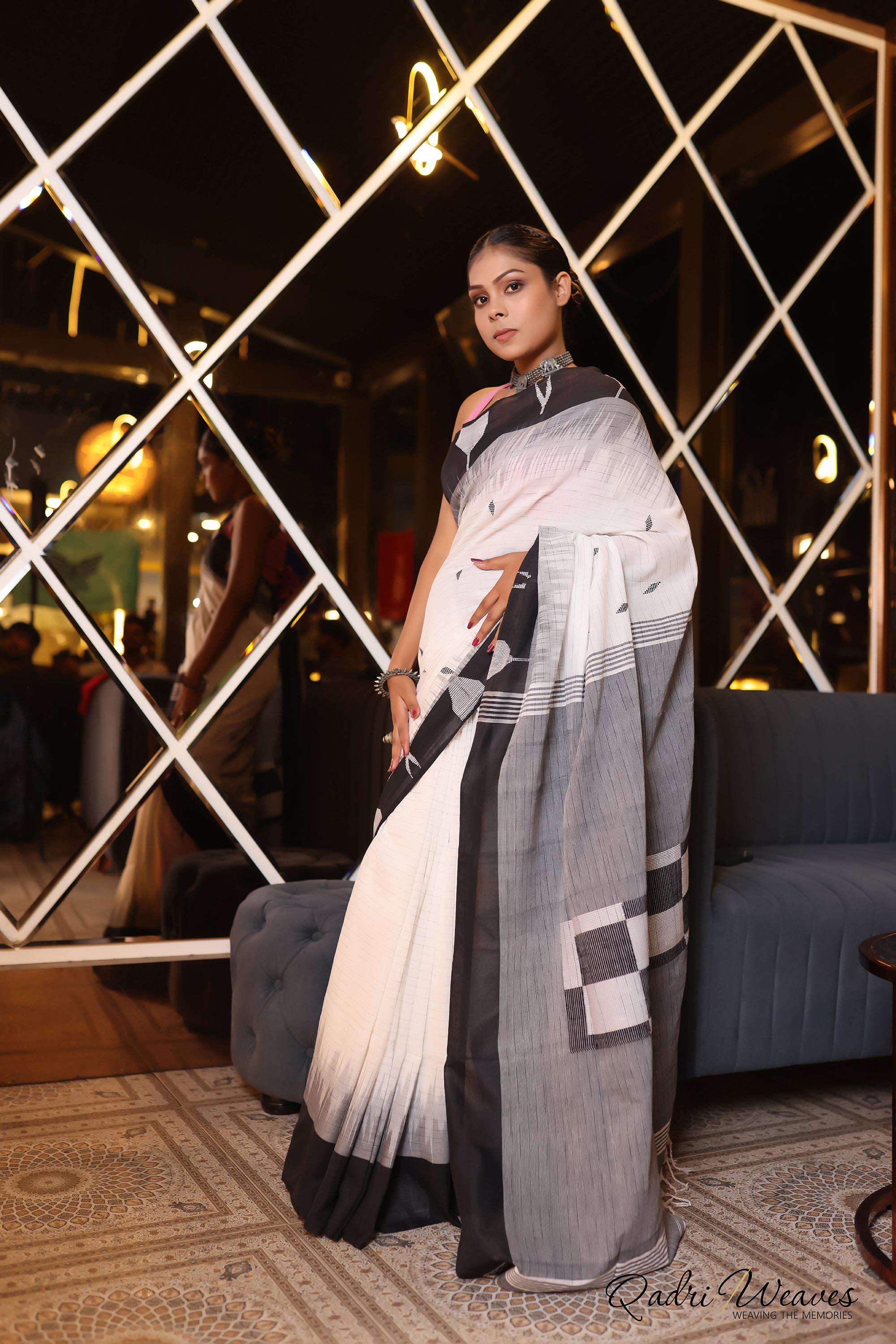 Handloom White and Grey Premium Cotton Box Design IKat Saree