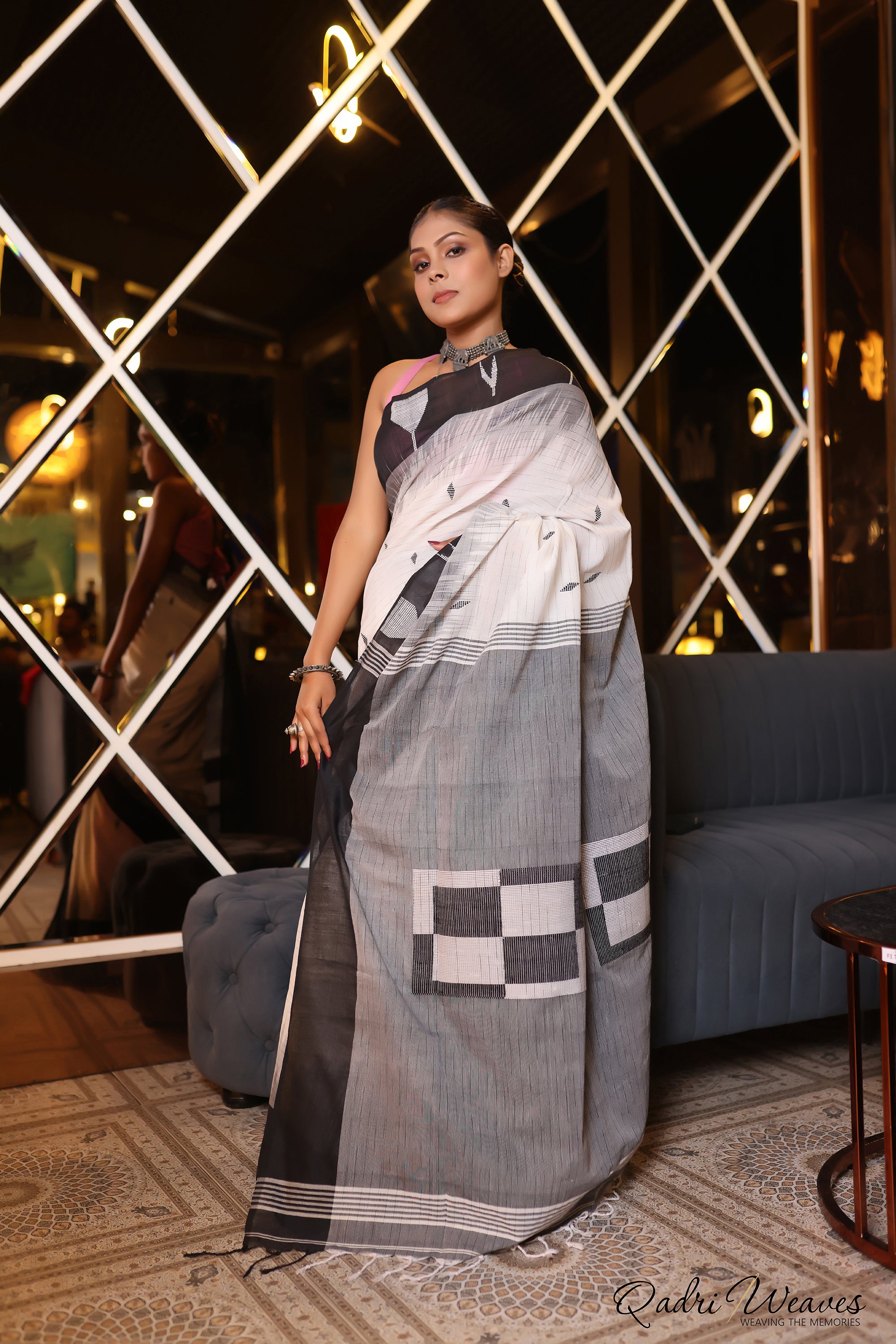 Handloom White and Grey Premium Cotton Box Design IKat Saree