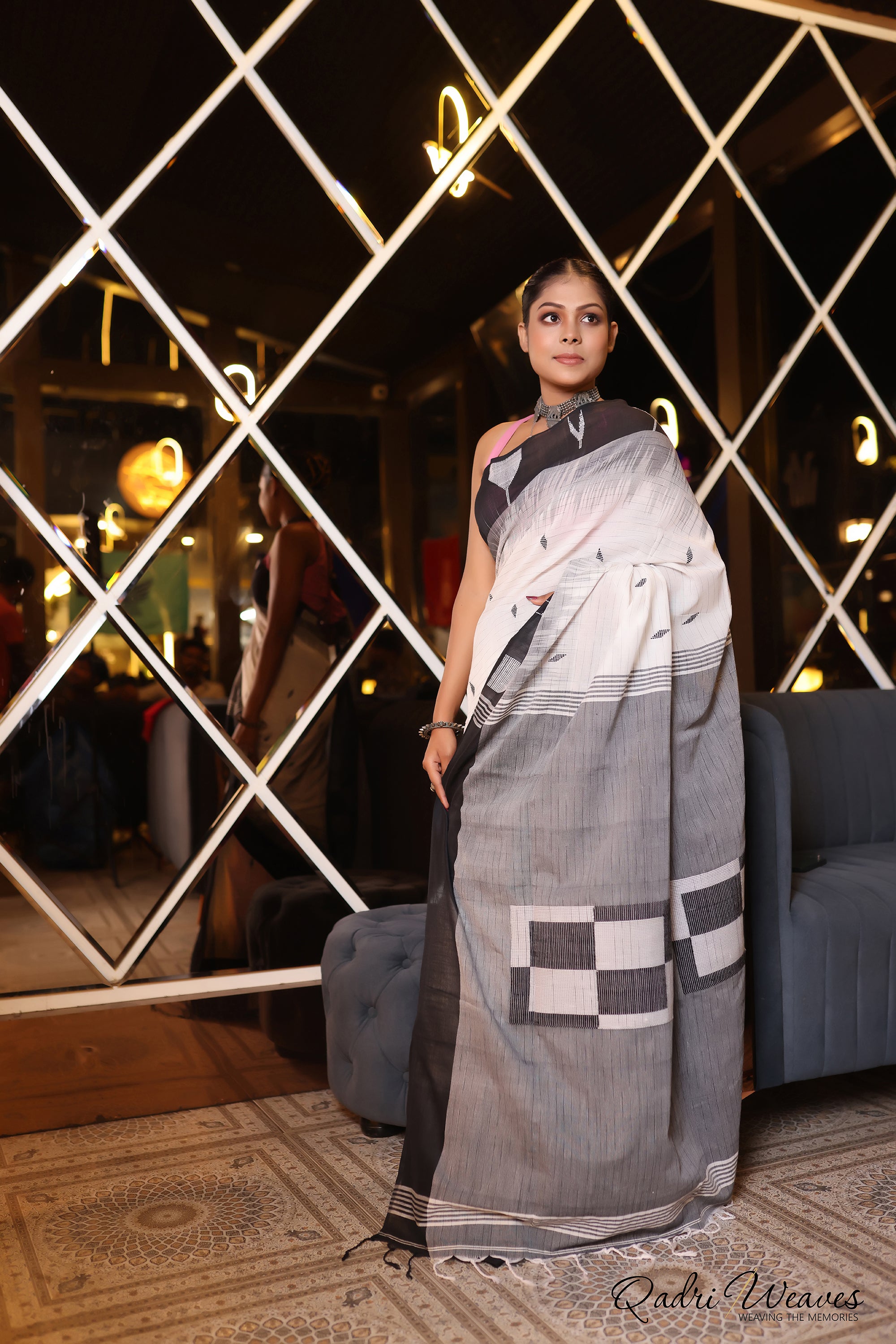 Handloom White and Grey Premium Cotton Box Design IKat Saree