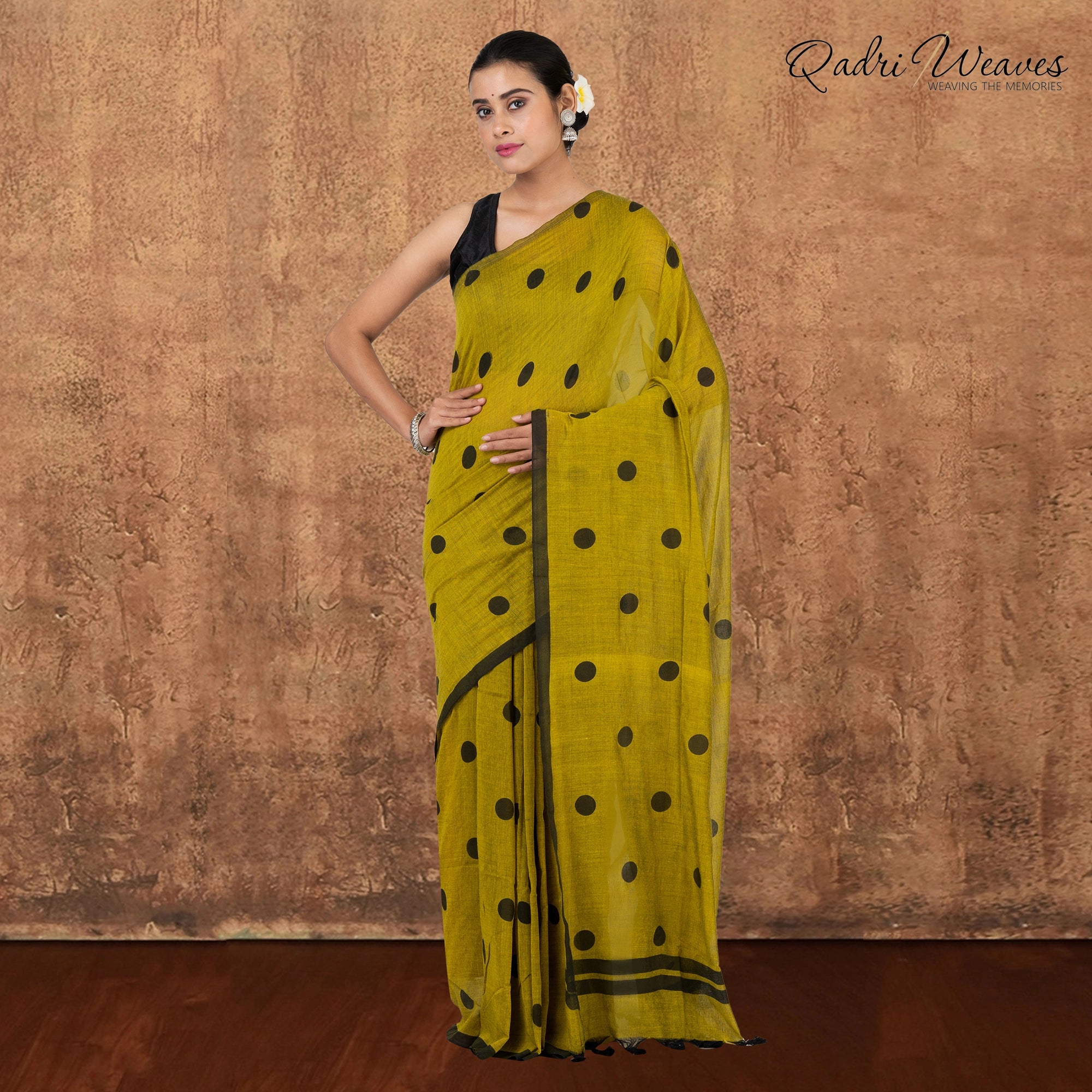 Buy Black Polka Ajrakh Mashru Silk Saree Online | Sundarii Handmade